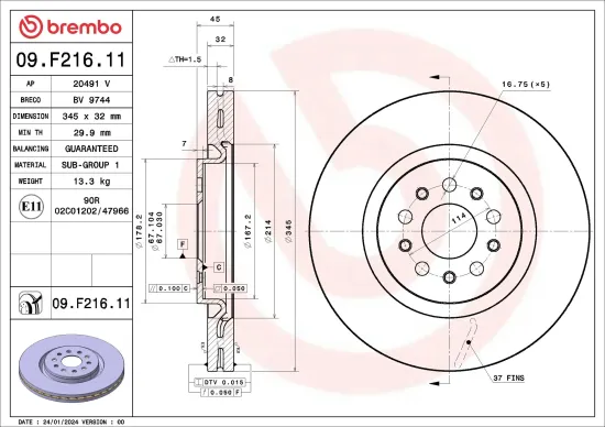 Bremsscheibe Vorderachse BREMBO 09.F216.11 Bild Bremsscheibe Vorderachse BREMBO 09.F216.11