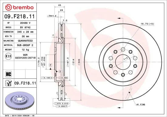 Bremsscheibe Vorderachse BREMBO 09.F218.11 Bild Bremsscheibe Vorderachse BREMBO 09.F218.11