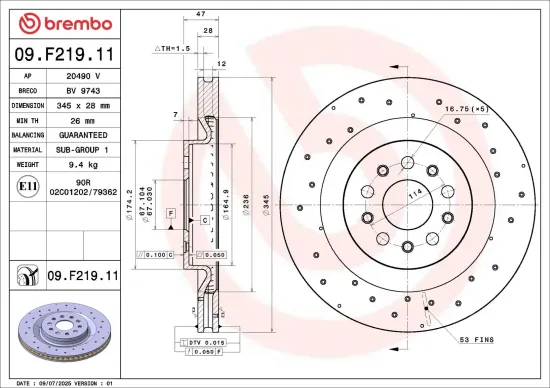 Bremsscheibe Hinterachse BREMBO 09.F219.11 Bild Bremsscheibe Hinterachse BREMBO 09.F219.11