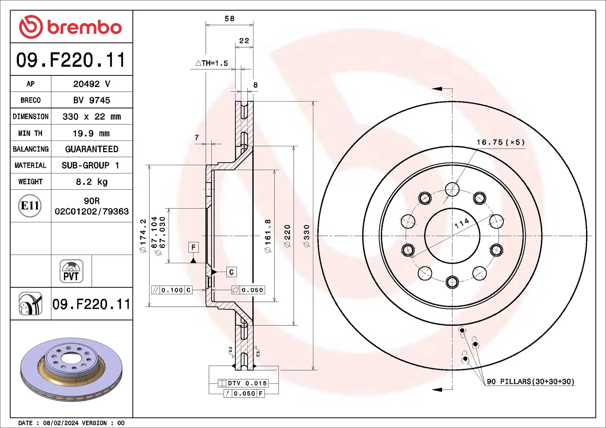 Bremsscheibe Hinterachse BREMBO 09.F220.11
