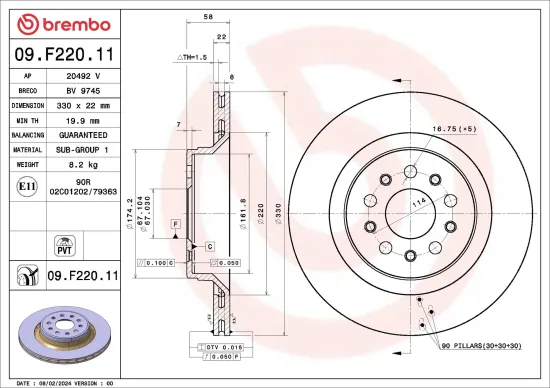 Bremsscheibe Hinterachse BREMBO 09.F220.11 Bild Bremsscheibe Hinterachse BREMBO 09.F220.11