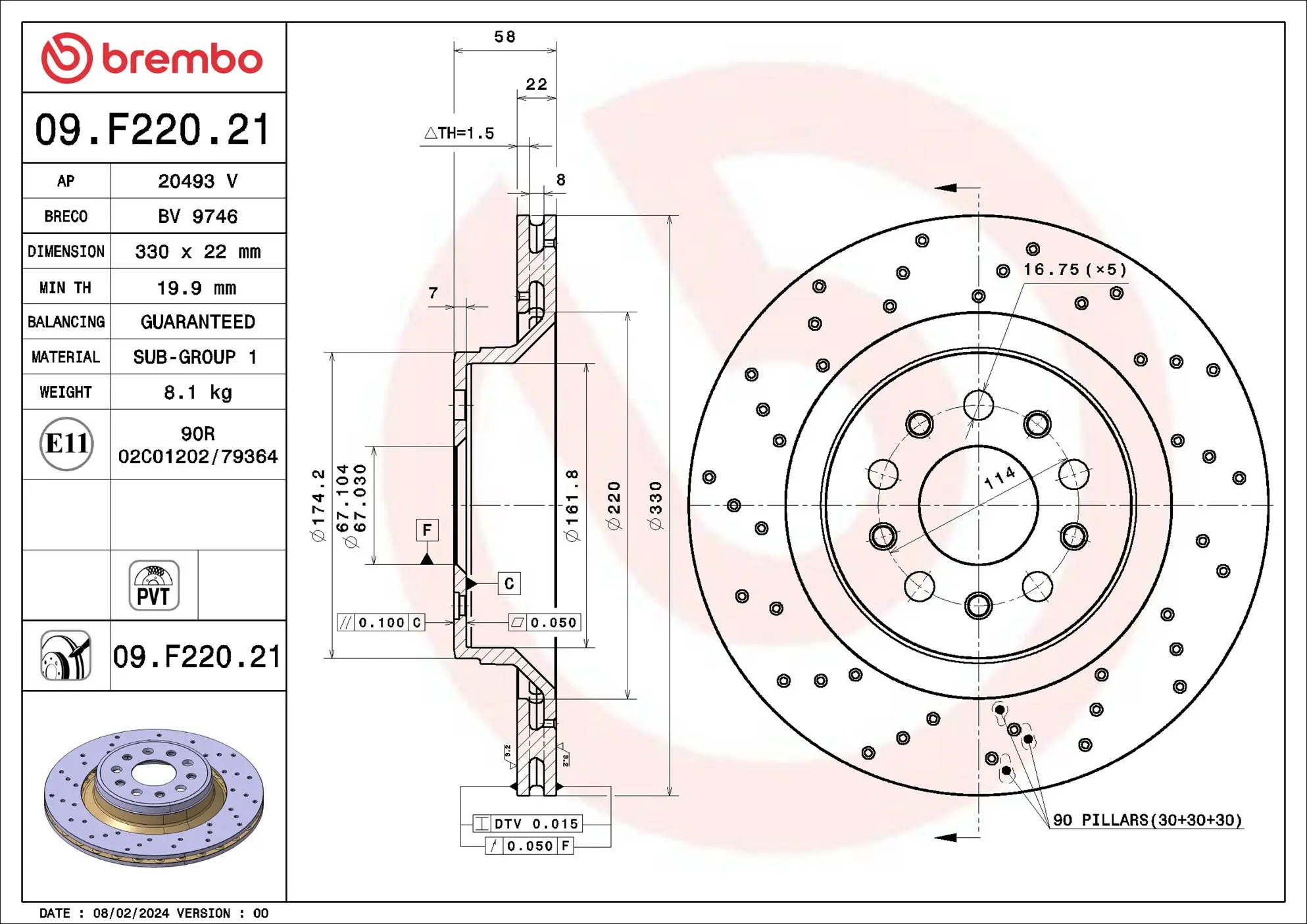 Bremsscheibe Hinterachse BREMBO 09.F220.21
