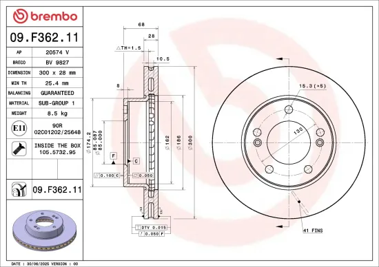 Bremsscheibe Vorderachse BREMBO 09.F362.11 Bild Bremsscheibe Vorderachse BREMBO 09.F362.11