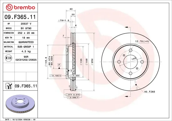 Bremsscheibe Vorderachse BREMBO 09.F365.11 Bild Bremsscheibe Vorderachse BREMBO 09.F365.11