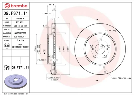 Bremsscheibe Vorderachse BREMBO 09.F371.11 Bild Bremsscheibe Vorderachse BREMBO 09.F371.11