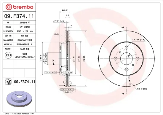 Bremsscheibe Vorderachse BREMBO 09.F374.11 Bild Bremsscheibe Vorderachse BREMBO 09.F374.11