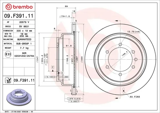 Bremsscheibe Hinterachse BREMBO 09.F391.11 Bild Bremsscheibe Hinterachse BREMBO 09.F391.11