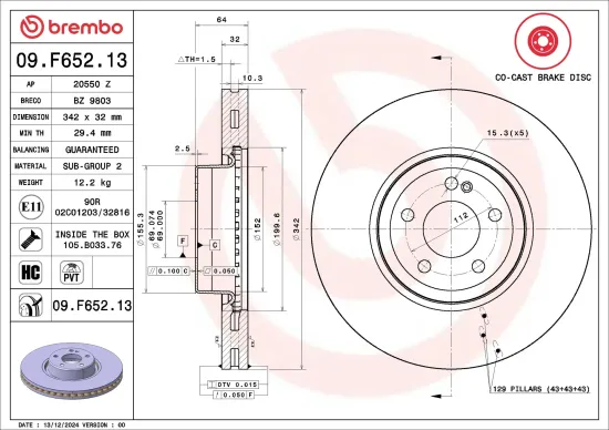 Bremsscheibe Vorderachse BREMBO 09.F652.13 Bild Bremsscheibe Vorderachse BREMBO 09.F652.13