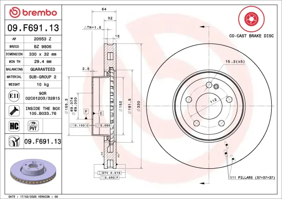 Bremsscheibe Vorderachse BREMBO 09.F691.13 Bild Bremsscheibe Vorderachse BREMBO 09.F691.13