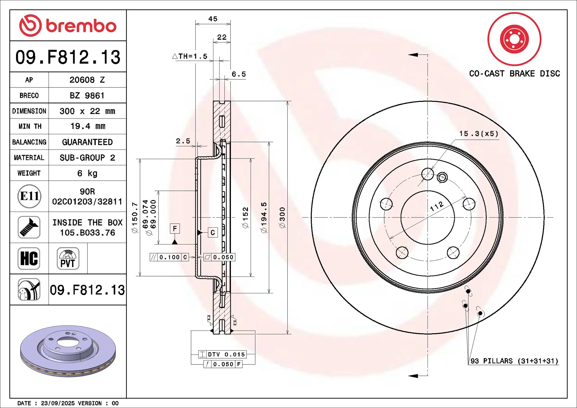 Bremsscheibe Hinterachse BREMBO 09.F812.13