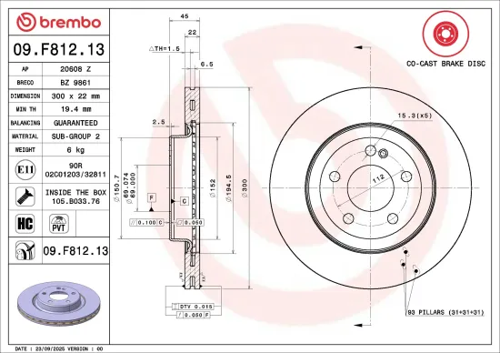 Bremsscheibe Hinterachse BREMBO 09.F812.13 Bild Bremsscheibe Hinterachse BREMBO 09.F812.13