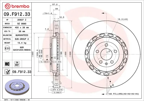 Bremsscheibe Vorderachse BREMBO 09.F912.33 Bild Bremsscheibe Vorderachse BREMBO 09.F912.33