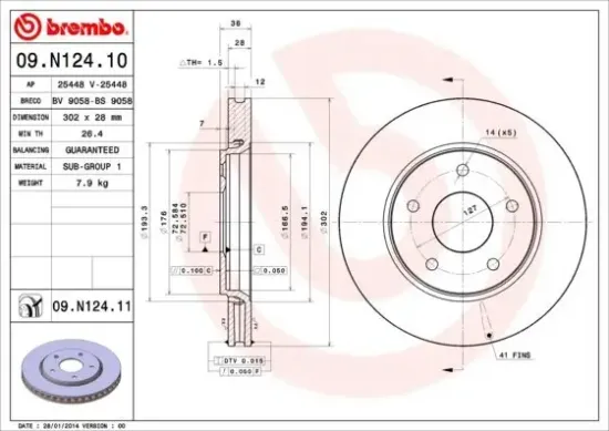 Bremsscheibe Vorderachse BREMBO 09.N124.11 Bild Bremsscheibe Vorderachse BREMBO 09.N124.11