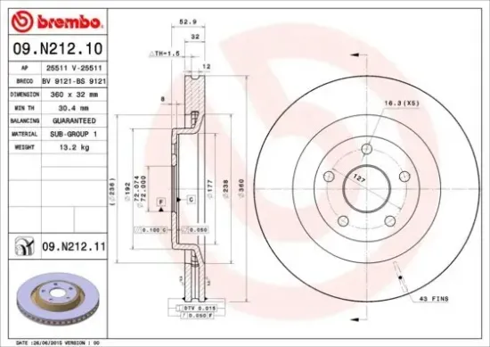 Bremsscheibe Vorderachse BREMBO 09.N212.11 Bild Bremsscheibe Vorderachse BREMBO 09.N212.11