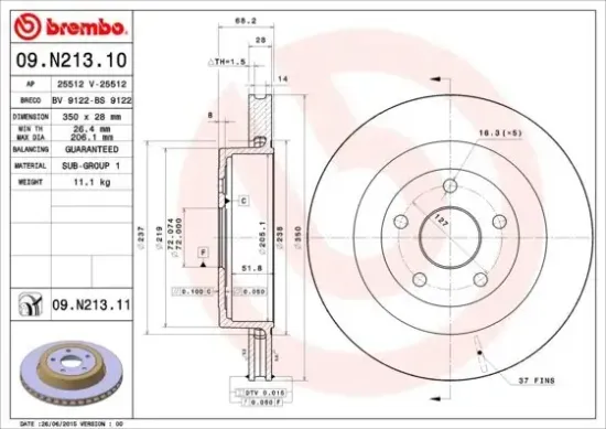 Bremsscheibe Hinterachse BREMBO 09.N213.11 Bild Bremsscheibe Hinterachse BREMBO 09.N213.11