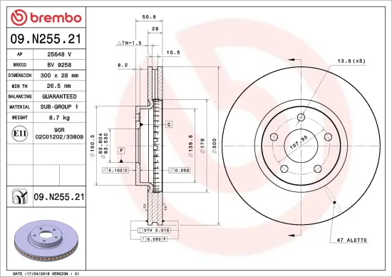 Bremsscheibe Vorderachse BREMBO 09.N255.21 Bild Bremsscheibe Vorderachse BREMBO 09.N255.21
