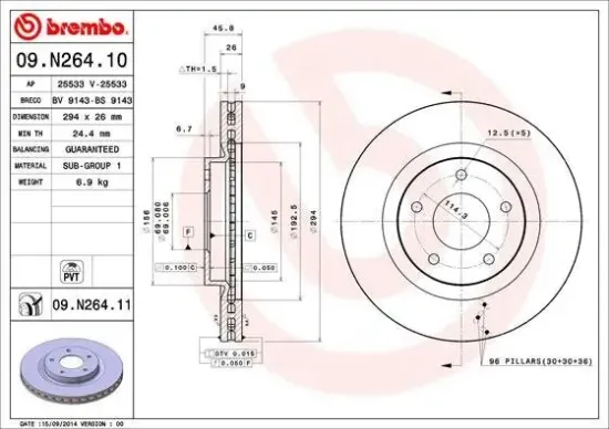 Bremsscheibe Vorderachse BREMBO 09.N264.11 Bild Bremsscheibe Vorderachse BREMBO 09.N264.11