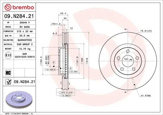 Bremsscheibe Vorderachse BREMBO 09.N284.21 Bild Bremsscheibe Vorderachse BREMBO 09.N284.21