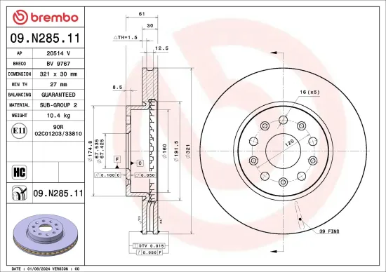 Bremsscheibe Vorderachse BREMBO 09.N285.11 Bild Bremsscheibe Vorderachse BREMBO 09.N285.11