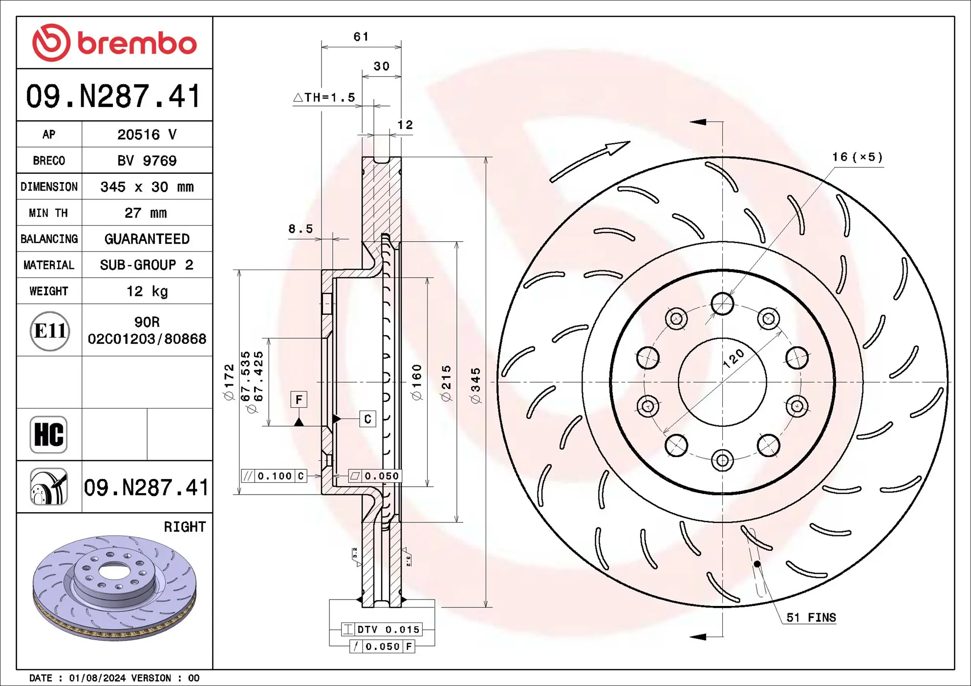Bremsscheibe Vorderachse Vorderachse rechts BREMBO 09.N287.41