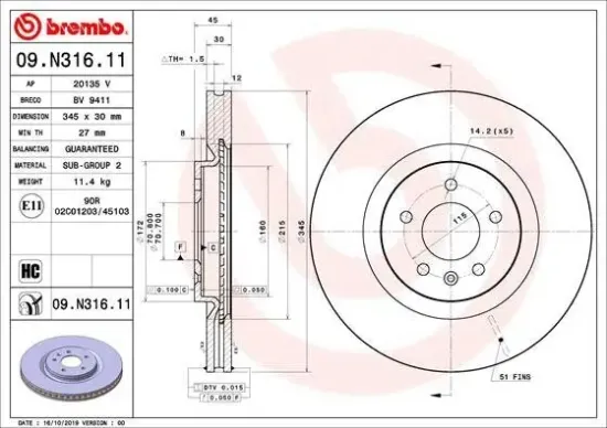 Bremsscheibe Vorderachse BREMBO 09.N316.11 Bild Bremsscheibe Vorderachse BREMBO 09.N316.11