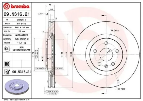 Bremsscheibe Vorderachse BREMBO 09.N316.21 Bild Bremsscheibe Vorderachse BREMBO 09.N316.21