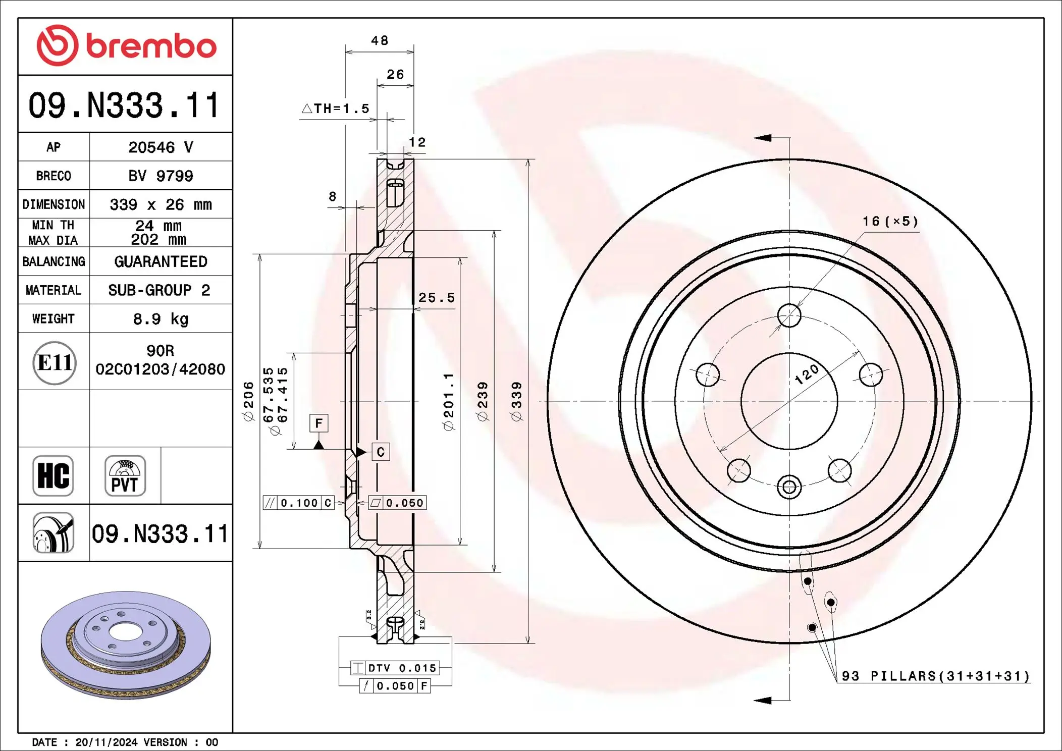 Bremsscheibe Hinterachse BREMBO 09.N333.11