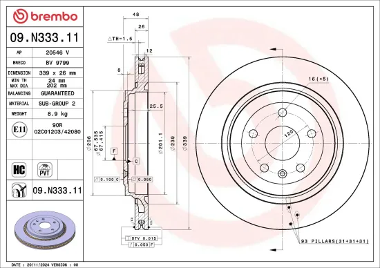 Bremsscheibe Hinterachse BREMBO 09.N333.11 Bild Bremsscheibe Hinterachse BREMBO 09.N333.11
