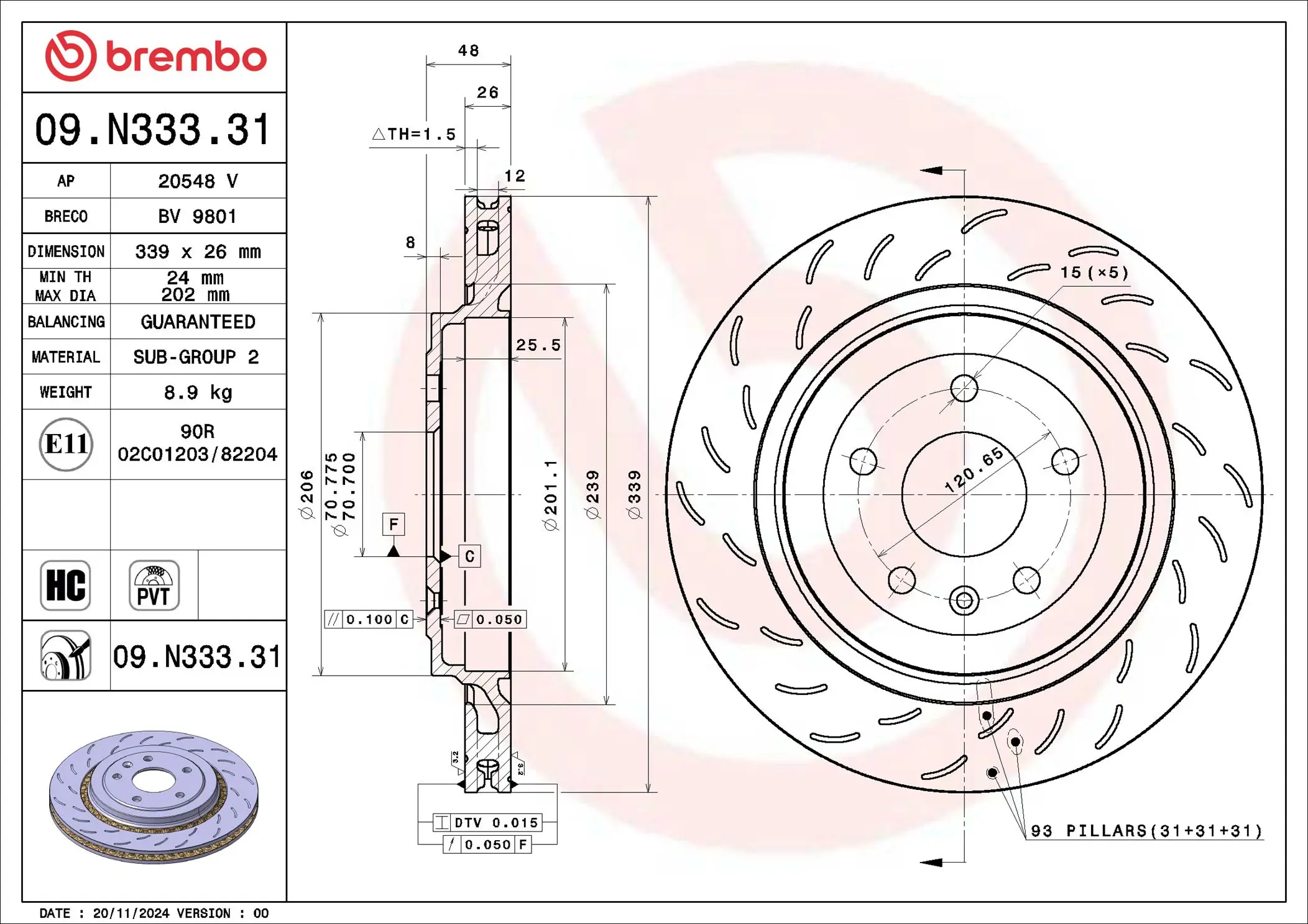 Bremsscheibe Hinterachse BREMBO 09.N333.31