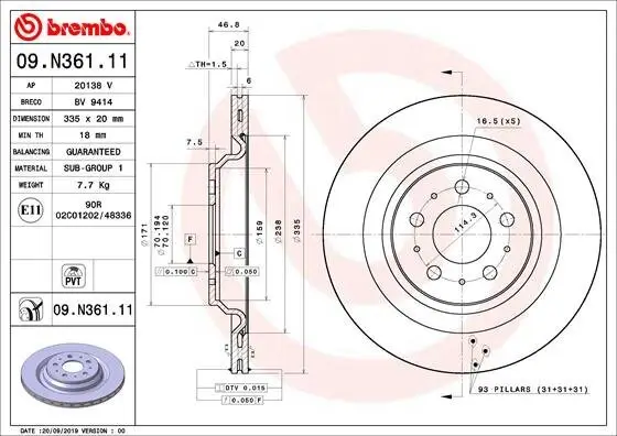 Bremsscheibe Hinterachse BREMBO 09.N361.11