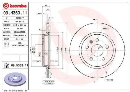 Bremsscheibe Hinterachse BREMBO 09.N363.11 Bild Bremsscheibe Hinterachse BREMBO 09.N363.11