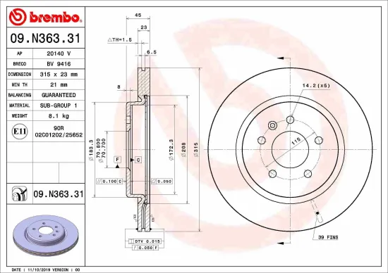 Bremsscheibe Hinterachse BREMBO 09.N363.31 Bild Bremsscheibe Hinterachse BREMBO 09.N363.31