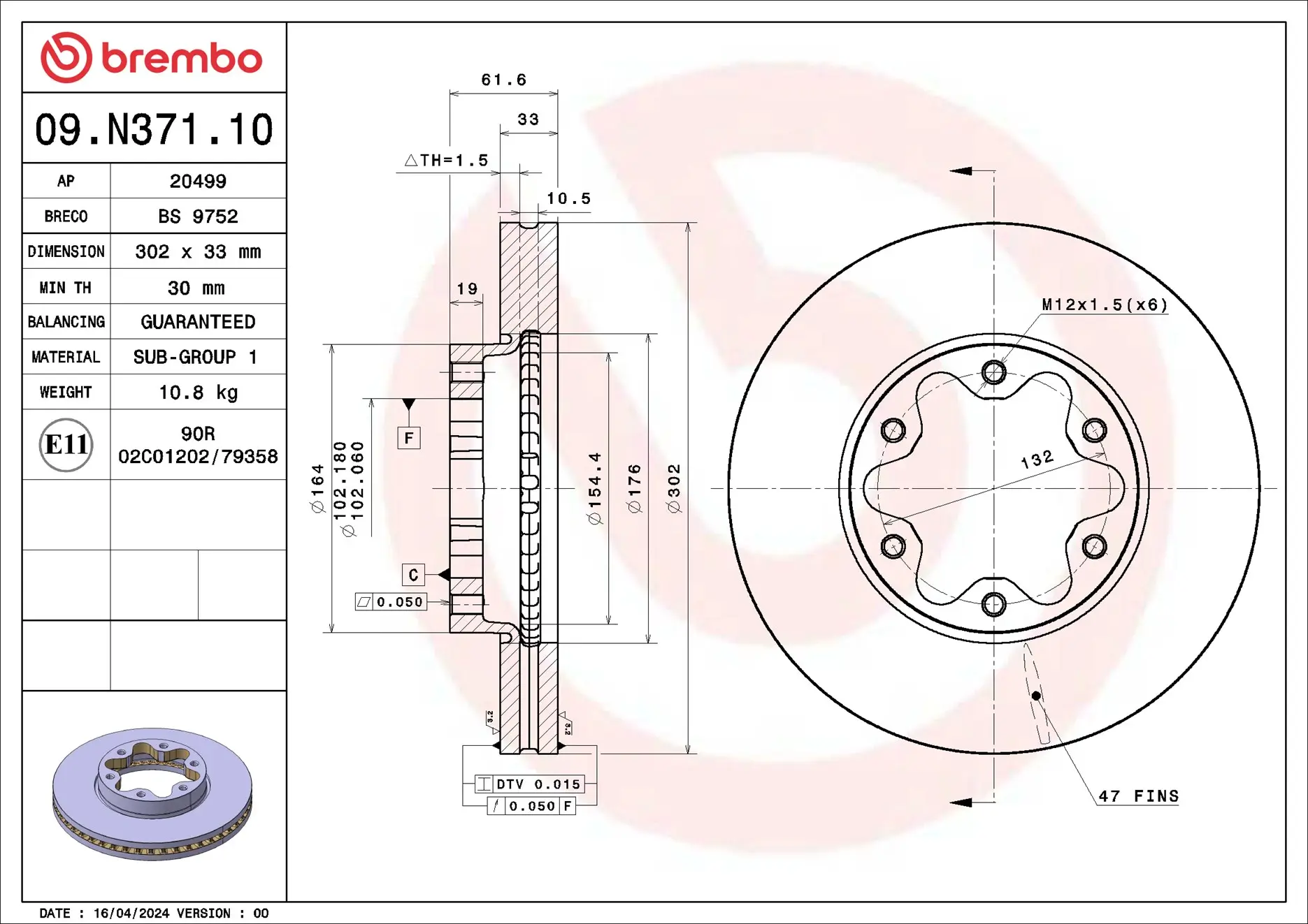 Bremsscheibe Vorderachse BREMBO 09.N371.10