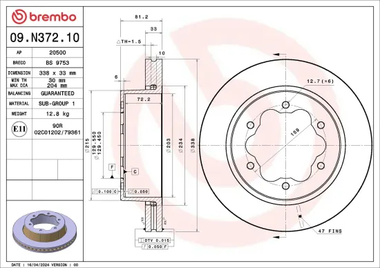 Bremsscheibe Hinterachse BREMBO 09.N372.10 Bild Bremsscheibe Hinterachse BREMBO 09.N372.10