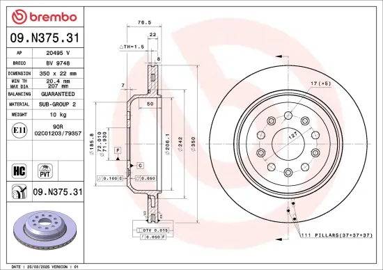 Bremsscheibe Hinterachse BREMBO 09.N375.31 Bild Bremsscheibe Hinterachse BREMBO 09.N375.31