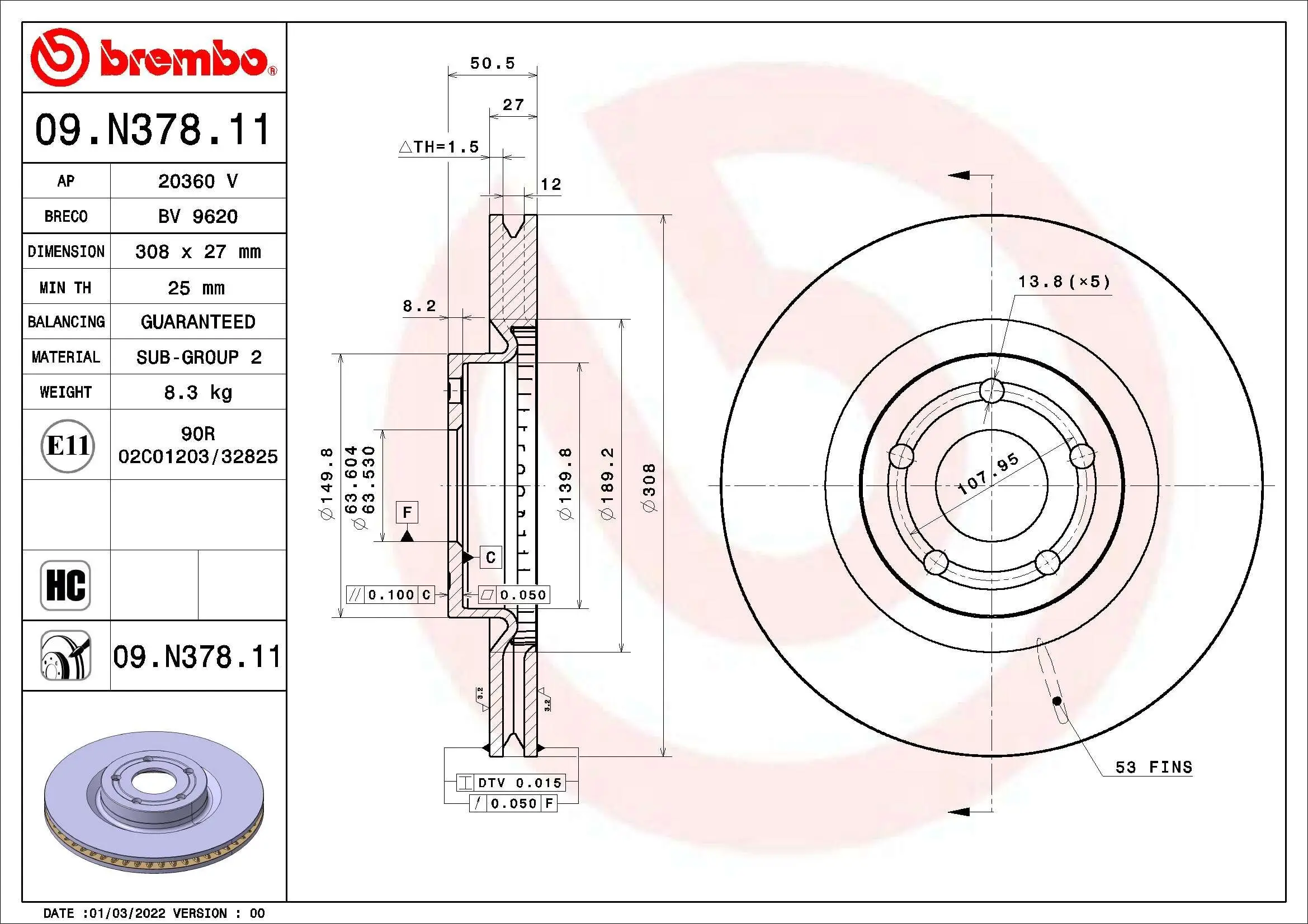 Bremsscheibe BREMBO 09.N378.11 Bild Bremsscheibe BREMBO 09.N378.11