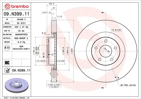 Bremsscheibe Vorderachse BREMBO 09.N399.11 Bild Bremsscheibe Vorderachse BREMBO 09.N399.11