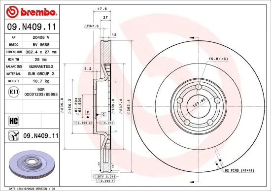 Bremsscheibe Vorderachse BREMBO 09.N409.11 Bild Bremsscheibe Vorderachse BREMBO 09.N409.11