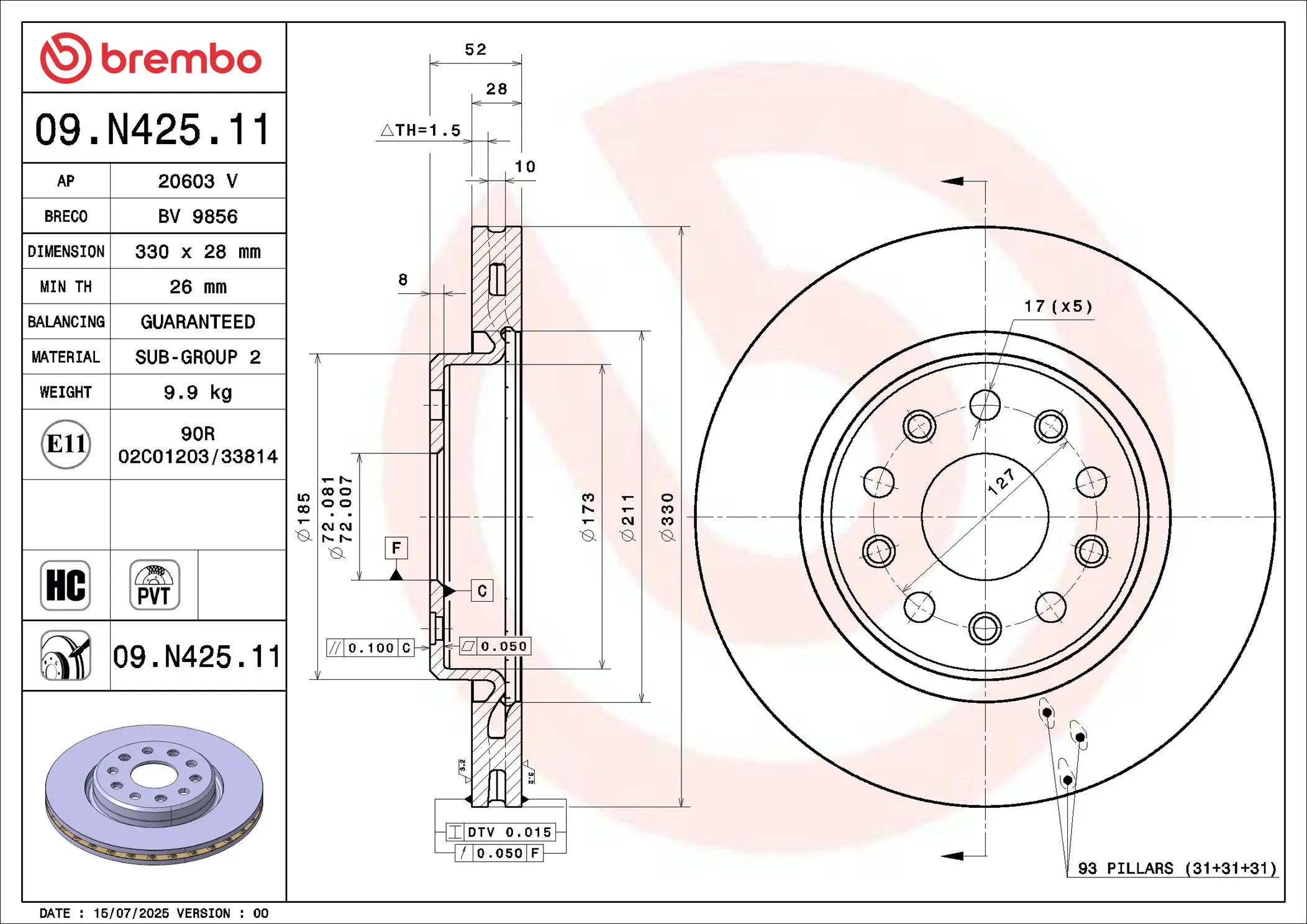 Bremsscheibe Vorderachse BREMBO 09.N425.11