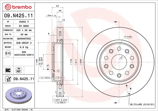 Bremsscheibe Vorderachse BREMBO 09.N425.11 Bild Bremsscheibe Vorderachse BREMBO 09.N425.11
