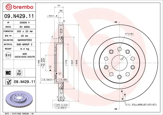 Bremsscheibe Hinterachse BREMBO 09.N429.11 Bild Bremsscheibe Hinterachse BREMBO 09.N429.11
