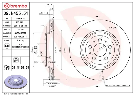 Bremsscheibe Hinterachse BREMBO 09.N455.51 Bild Bremsscheibe Hinterachse BREMBO 09.N455.51