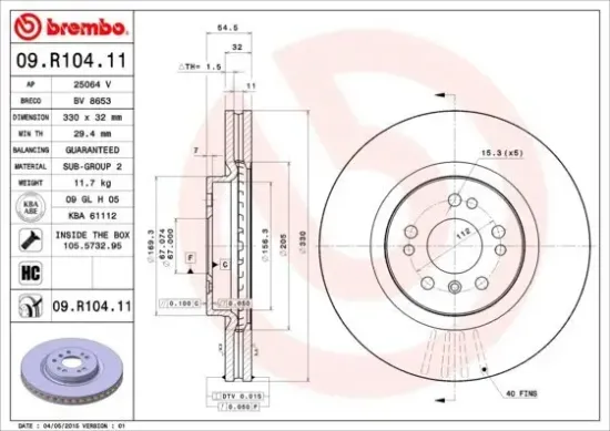 Bremsscheibe Vorderachse BREMBO 09.R104.11 Bild Bremsscheibe Vorderachse BREMBO 09.R104.11