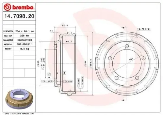 Bremstrommel Hinterachse BREMBO 14.7098.20 Bild Bremstrommel Hinterachse BREMBO 14.7098.20