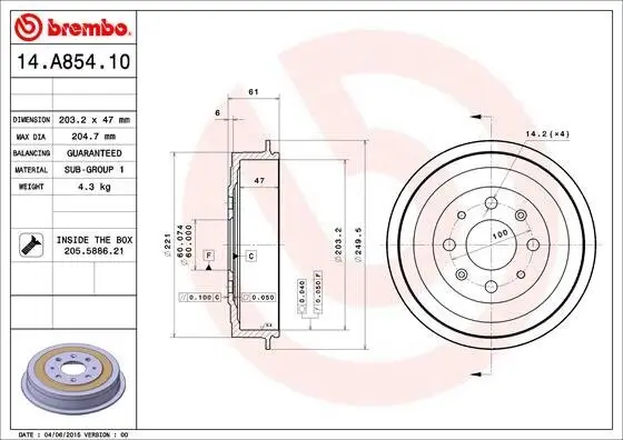 Bremstrommel Hinterachse BREMBO 14.A854.10