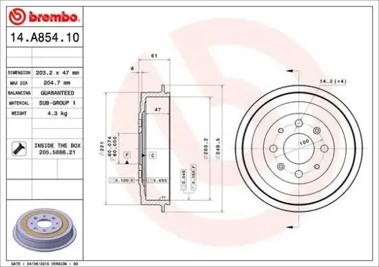 Bremstrommel Hinterachse BREMBO 14.A854.10 Bild Bremstrommel Hinterachse BREMBO 14.A854.10