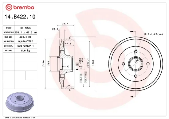 Bremstrommel Hinterachse BREMBO 14.B422.10 Bild Bremstrommel Hinterachse BREMBO 14.B422.10