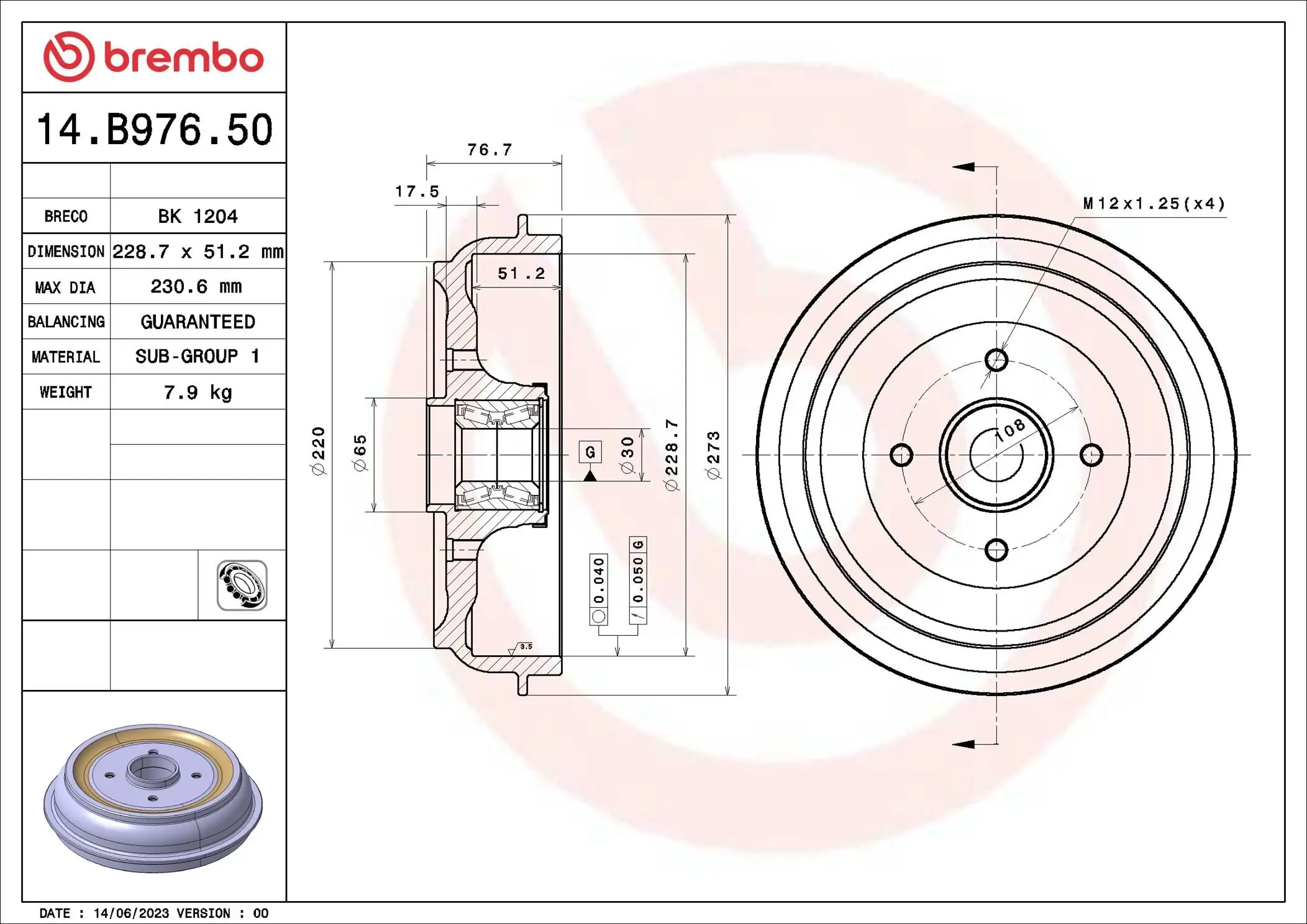 Bremstrommel BREMBO 14.B976.50 Bild Bremstrommel BREMBO 14.B976.50