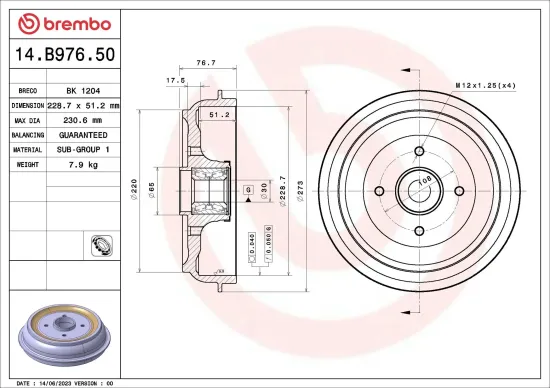 Bremstrommel Hinterachse BREMBO 14.B976.50 Bild Bremstrommel Hinterachse BREMBO 14.B976.50