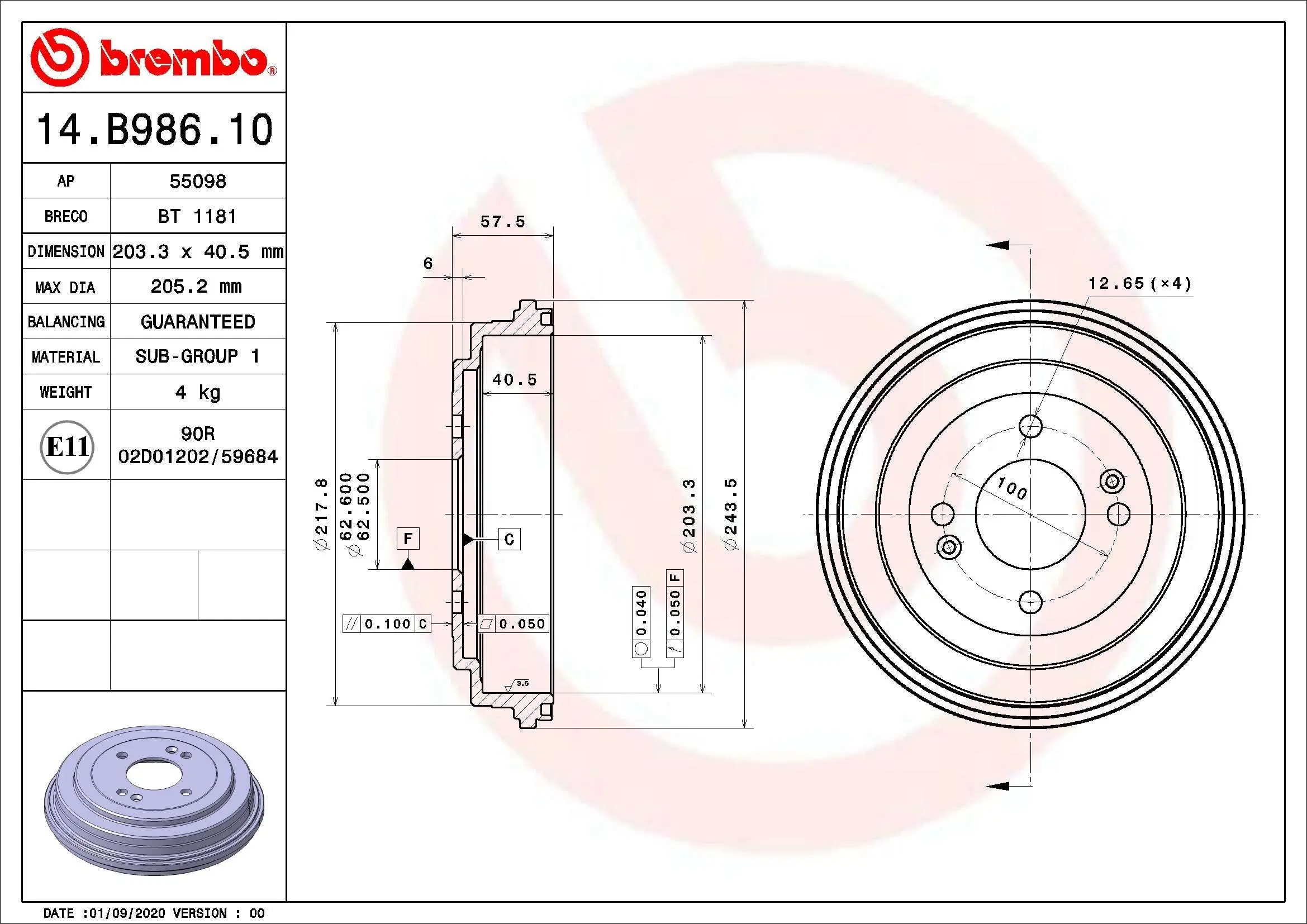 Bremstrommel Hinterachse BREMBO 14.B986.10